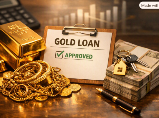 Gold bars, jewelry, and Indian currency notes beside a clipboard labeled “Gold Loan Approved,” symbolizing secured loans against gold assets.