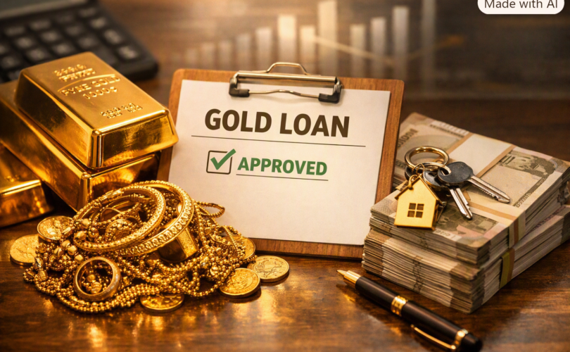 Gold bars, jewelry, and Indian currency notes beside a clipboard labeled “Gold Loan Approved,” symbolizing secured loans against gold assets.